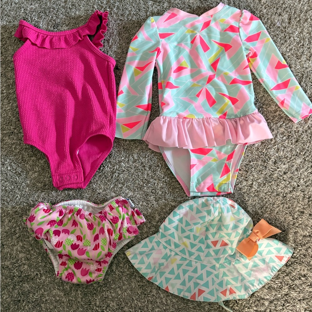 Girls 4 piece swimsuit, swim diaper, and hat bundle 18 months